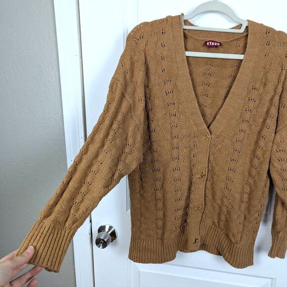 STAUD | Tan Eyelet Knit Button Front Cardigan Sweater Size Medium - Picture 8 of 10